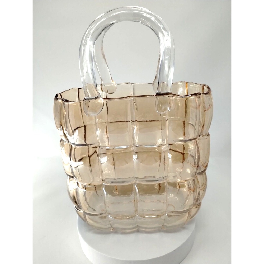 Clear Amber Handbag Purse Vase Hand Blown Glass Home Decor Fish Bowl Spring Gift